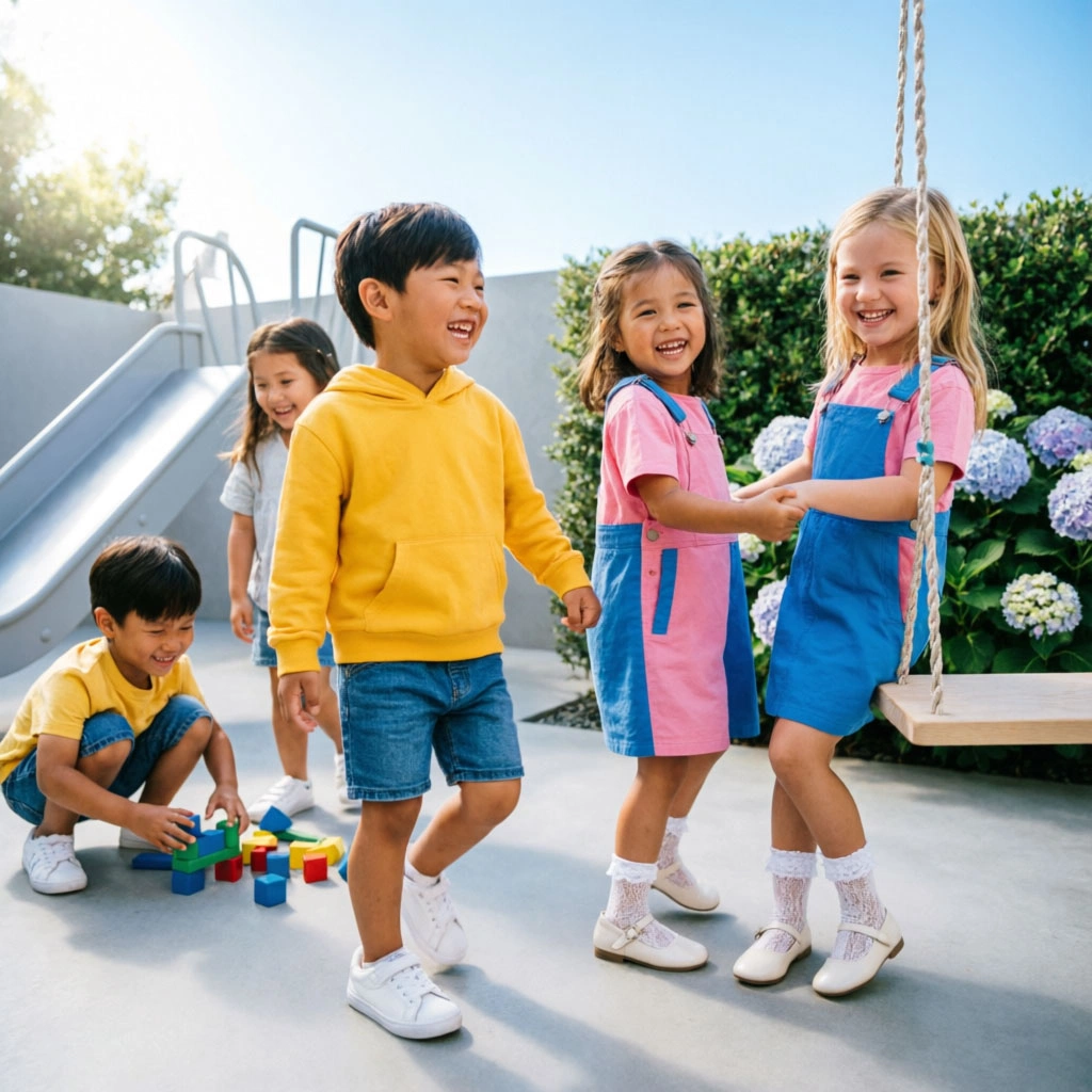 Kids wearing trendy fashionable outfits at playground near Seattle Kids Fashion Store at 400 9th Ave N, Seattle, WA 98109