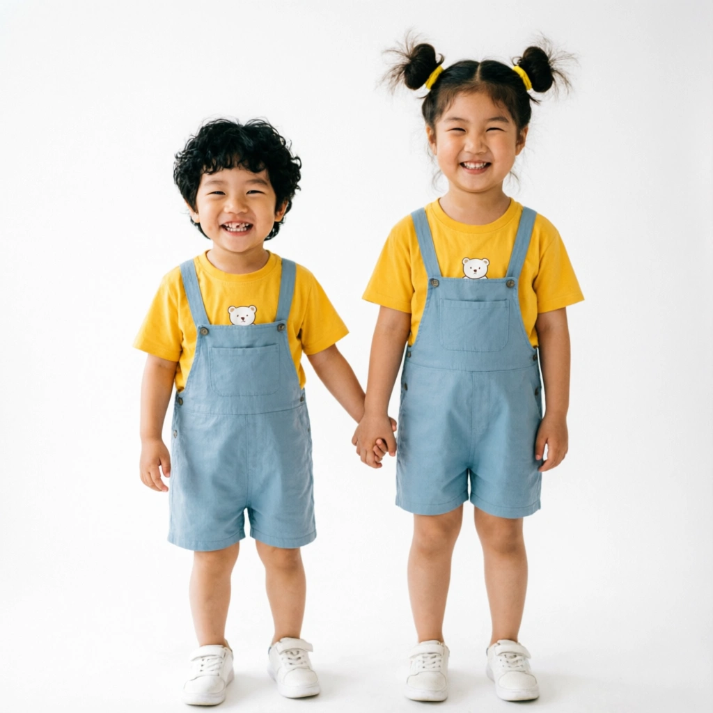 Matching sibling outfits for family photos - brother and sister in matching yellow shirts and denim overalls at Seattle Kids Fashion Store, 400 9th Ave N, Seattle, WA 98109
